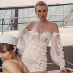 Handcrafted 3D floral lace wedding dress with off-the-shoulder sheer sleeves, bespoke Ricca Sposa bridal gown