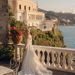 Off-the-shoulder lace ballgown with long sleeves and train, bespoke Ricca Sposa Calvino wedding gown