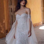 Beaded Ricca Sposa Cristina mermaid wedding gown with sweetheart neckline and sheer cape sleeves, bespoke bridal gown