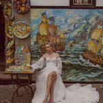 Bespoke sweetheart corset lace wedding dress with puff sleeves and high leg slit handcrafted bridal gown