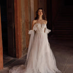 Tulle A-line bridal gown with strapless leaf lace corset and detachable puff sleeves, bespoke Ricca Sposa wedding dress