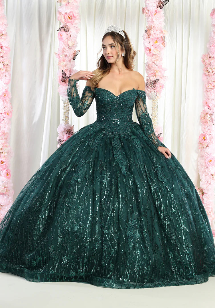 Bespoke emerald green ball gown with off-the-shoulder lace sleeves and sequins, handcrafted wedding gown
