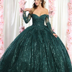 Bespoke emerald green ball gown with off-the-shoulder lace sleeves and sequins, handcrafted wedding gown