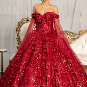 Bespoke red off-the-shoulder ball gown with 3D floral lace and sheer cape, handcrafted wedding gown