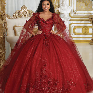Bespoke red ball gown with beaded V-neck and floral sheer sleeves, a handcrafted Quinceañera wedding gown