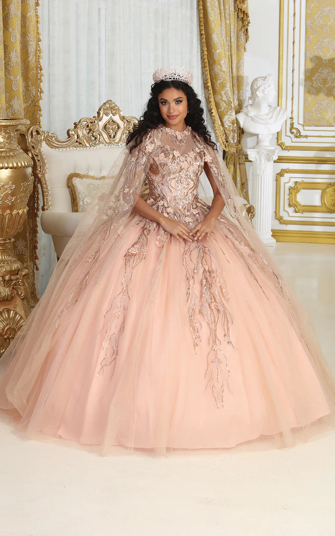 Blush Quinceañera ball gown with rose gold floral appliques and cape, bespoke handcrafted wedding gown