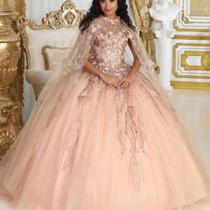 Blush Quinceañera ball gown with rose gold floral appliques and cape, bespoke handcrafted wedding gown