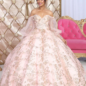 Bespoke blush pink ball gown with gold embroidery and sheer off-the-shoulder sleeves, handcrafted wedding gown