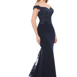 Navy off-the-shoulder mermaid gown with beaded lace and sweep train, bespoke handcrafted wedding gown