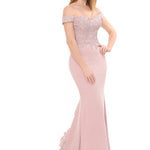 Bespoke blush off-the-shoulder lace mermaid gown with scalloped train, handcrafted wedding gown
