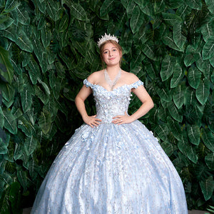 Light blue off-the-shoulder ball gown with 3D floral accents and shimmering embroidery, bespoke wedding gown