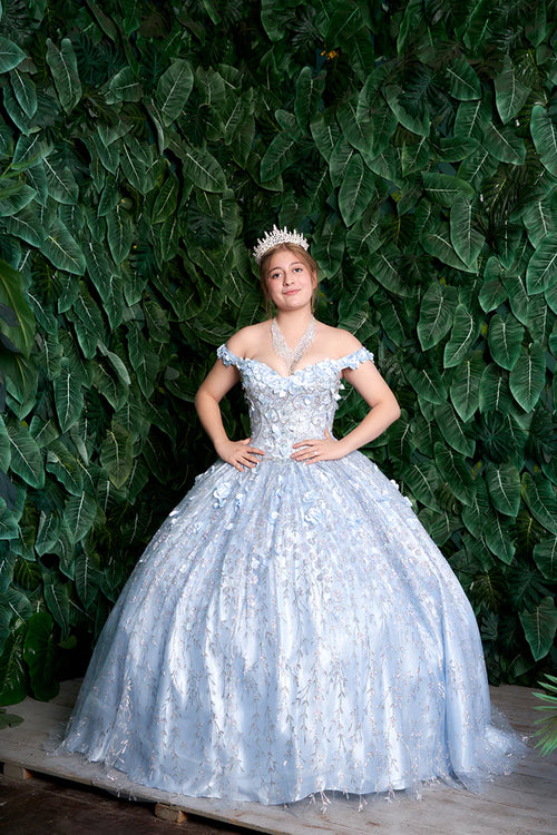 Light blue off-the-shoulder ball gown with 3D floral accents and shimmering embroidery, bespoke wedding gown