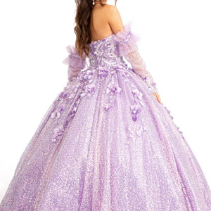 Lavender glitter ball gown with 3D floral lace and ruffled sleeves, a bespoke Quinceañera style bridal gown