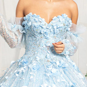 Light blue 3D floral ball gown with sequined sleeves and a sweetheart neckline, bespoke wedding gown