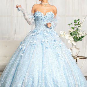 Bespoke light blue 3D floral ball gown with off-the-shoulder sleeves and sweetheart neckline, handcrafted wedding gown