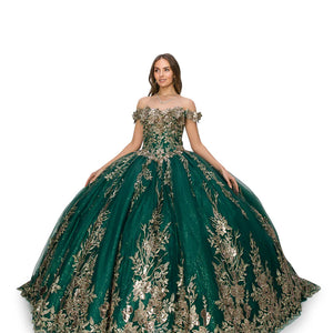 Emerald green off-the-shoulder ball gown with gold floral embroidery, handcrafted Quinceañera wedding gown