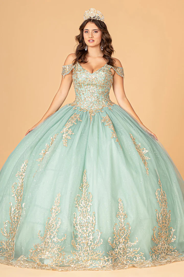 Bespoke mint green ball gown with gold lace and off-the-shoulder straps, handcrafted Quinceañera bridal gown