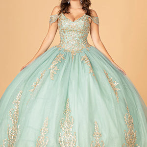 Bespoke mint green ball gown with gold lace and off-the-shoulder straps, handcrafted Quinceañera bridal gown