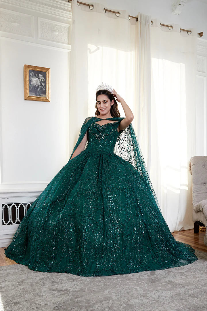 Bespoke emerald green sequined ball gown with sweetheart neckline and matching cape, handcrafted wedding dress