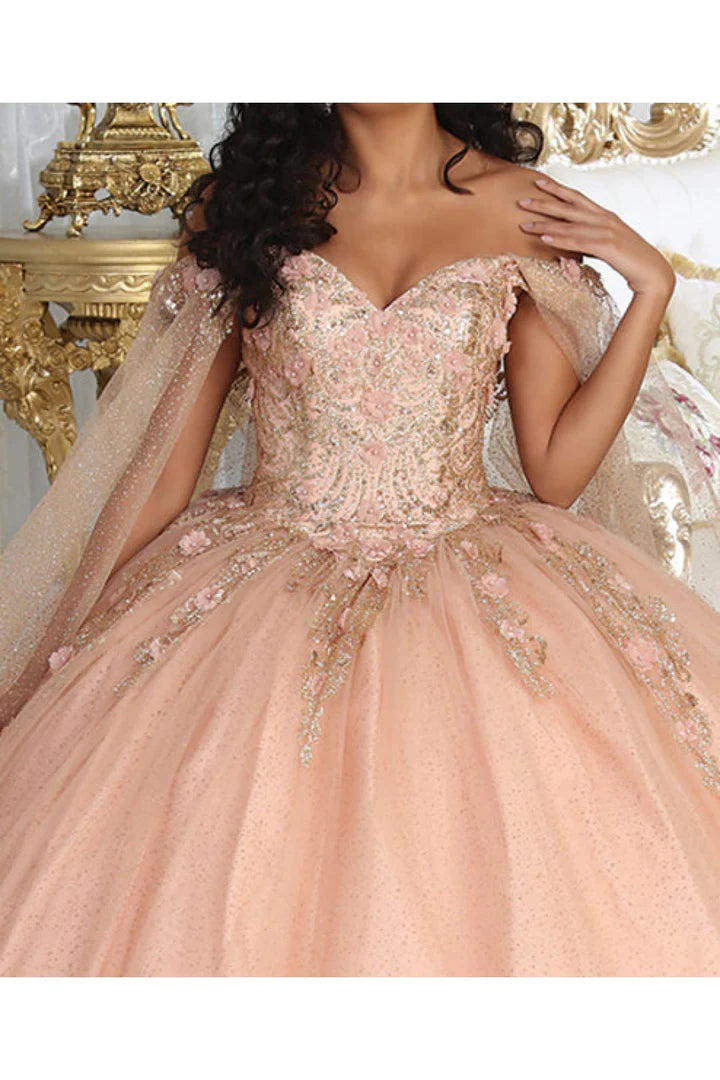 Bespoke sparkly blush ball gown with gold 3D floral appliqués and off-shoulder sleeves, handcrafted bridal gown