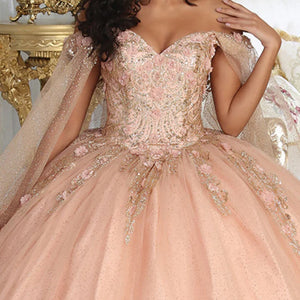 Bespoke sparkly blush ball gown with gold 3D floral appliqués and off-shoulder sleeves, handcrafted bridal gown