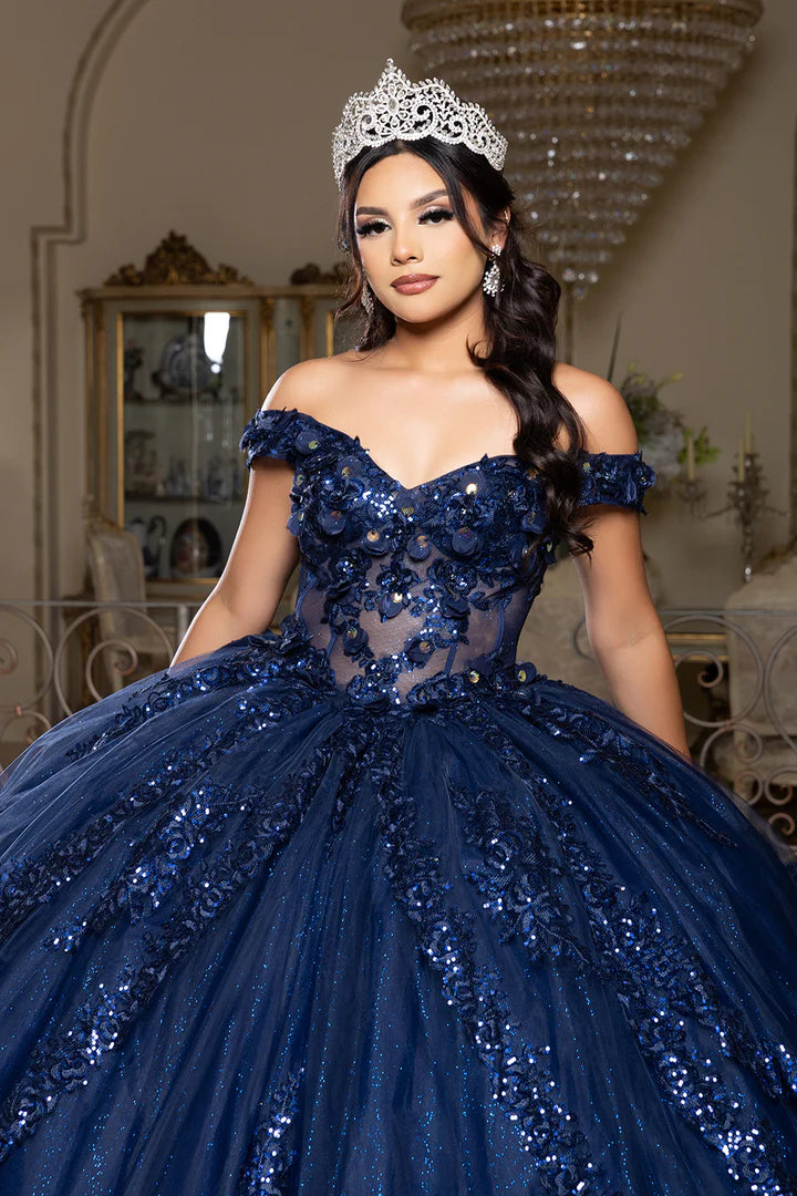 Navy blue off-the-shoulder Quinceanera ball gown with sequined 3D florals, bespoke handcrafted bridal gown