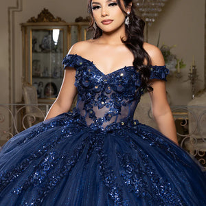 Navy blue off-the-shoulder Quinceanera ball gown with sequined 3D florals, bespoke handcrafted bridal gown