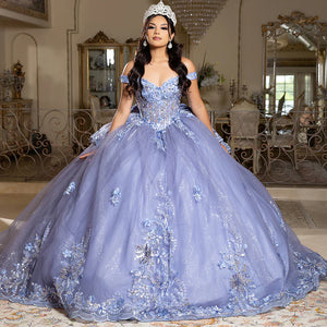 Bespoke lavender off-the-shoulder ball gown with floral embroidery and sheer corset, handcrafted wedding gown