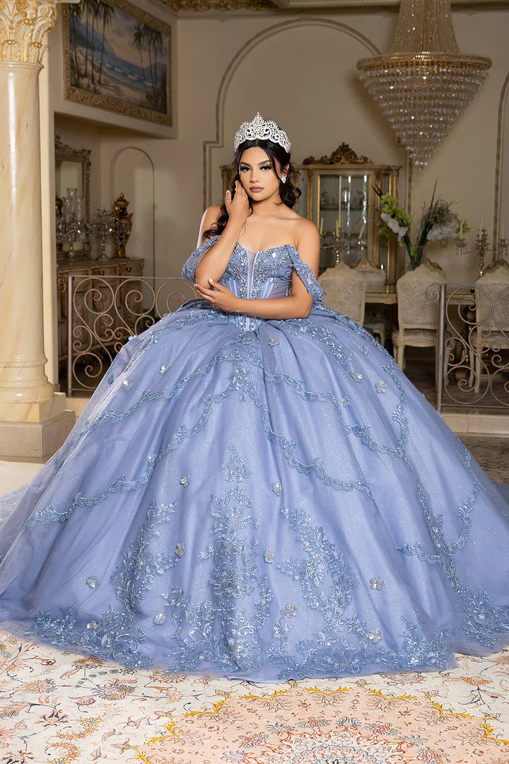 Bespoke blue ball gown with off-the-shoulder floral lace and corset bodice, handcrafted Quinceañera wedding gown