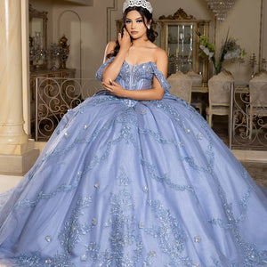 Bespoke blue ball gown with off-the-shoulder floral lace and corset bodice, handcrafted Quinceañera wedding gown