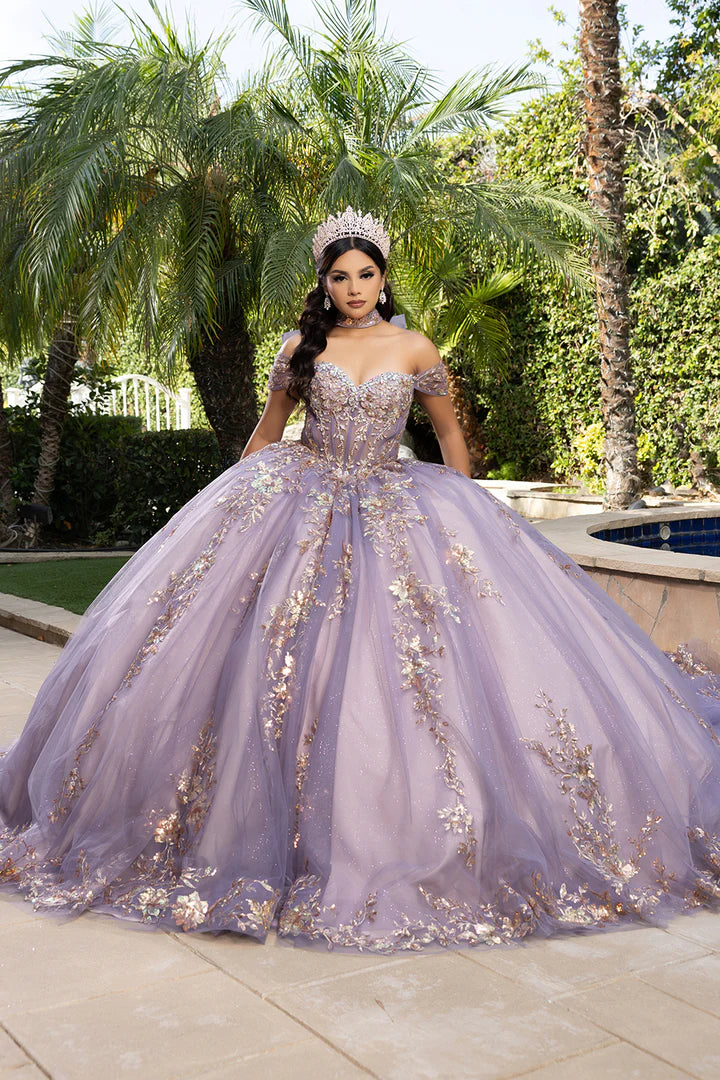 Bespoke lavender ball gown with gold floral lace, off-the-shoulder sweetheart neckline, handcrafted wedding gown