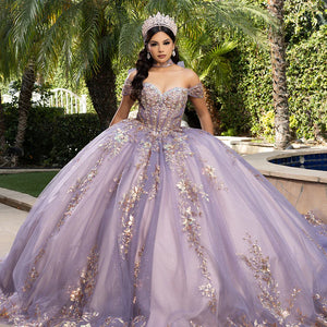 Bespoke lavender ball gown with gold floral lace, off-the-shoulder sweetheart neckline, handcrafted wedding gown
