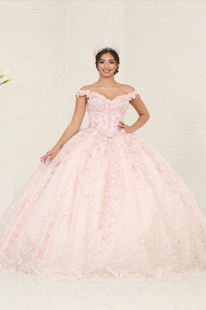 Blush pink off-the-shoulder ball gown with 3D butterfly floral appliques, bespoke handcrafted bridal gown