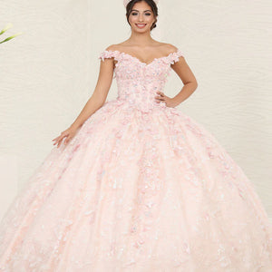 Blush pink off-the-shoulder ball gown with 3D butterfly floral appliques, bespoke handcrafted bridal gown