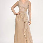 Metallic champagne V-neck gown with long sleeves and draped ruffle for a bespoke Mother of the Bride wedding gown