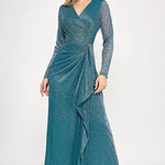 Teal shimmering V-neck gown with long sleeves and side ruffle detail, a bespoke mother of the bride wedding gown