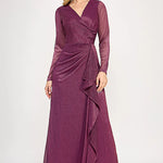 Plum metallic surplice gown with long sleeves and cascading ruffle, bespoke mother of the bride wedding gown