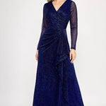 Shimmering navy V-neck A-line gown with ruffled waist and long sheer sleeves, bespoke mother of the bride wedding gown