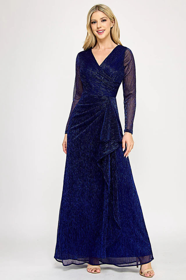 Shimmering navy V-neck A-line gown with ruffled waist and long sheer sleeves, bespoke mother of the bride wedding gown