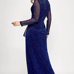 Shimmering royal blue column gown with long sheer sleeves, a bespoke Mother of the Bride wedding gown