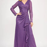 Purple shimmer V-neck gown with long sleeves and cascading ruffle, bespoke Mother of the Bride wedding gown