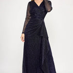 Shimmering navy V-neck gown with sheer long sleeves and side ruffle, bespoke Mother of the Bride wedding gown