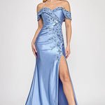 Periwinkle satin off-the-shoulder gown with floral beading and high leg slit, handcrafted bespoke wedding gown