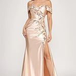 Off-the-shoulder champagne satin gown with floral beadwork and a high leg slit, bespoke wedding dress