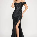 Bespoke black off-the-shoulder satin gown with beaded lace and thigh-high slit, handcrafted wedding gown