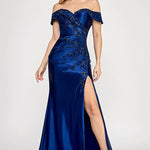 Royal blue off-the-shoulder satin gown with floral beading and a high slit, bespoke formal wedding gown