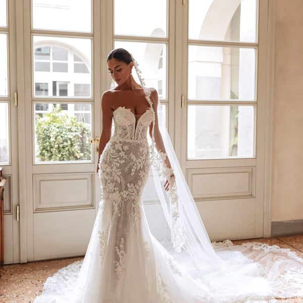 Mermaid wedding gown with handcrafted floral lace and a strapless plunging neckline, Ricca Sposa Amira bridal gown