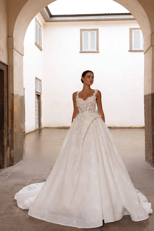 Shimmering ballgown with 3D floral corset bodice and wide straps, handcrafted Ricca Sposa wedding gown
