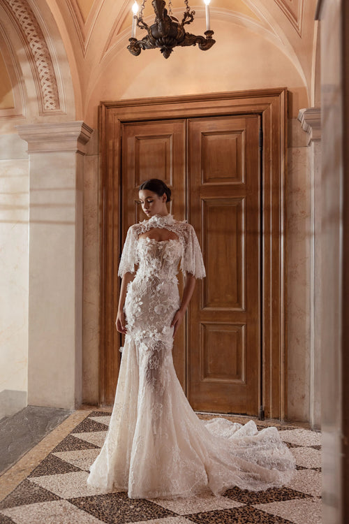 3D floral lace mermaid wedding dress with high-neck capelet and handcrafted Ricca Sposa Glace bridal gown