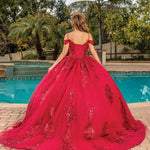 Red ball gown with sequin lace and corset back, a bespoke and handcrafted off-the-shoulder Quinceañera bridal gown